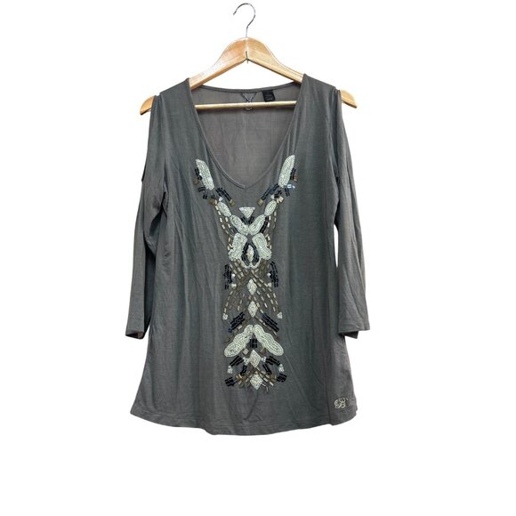 Bke Boutique Embellished V Neck Long Sleeve Modal Blend Top Size L Gray - Picture 1 of 6